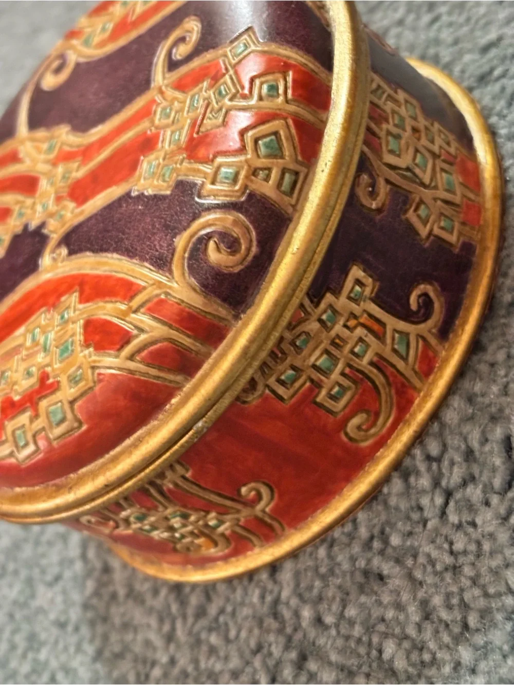 Decorative Round Trinket Box — Purple & Red Enamel with Gold Accents
